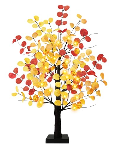 Uieke 24inch Artificial Fall Eucalyptus Tree 24 LED Prelit Tabletop Fall Tree with 6 Pumpkin Lights Battery Operated with Timer, Fall Decorations for Home Thanksgiving Halloween Decor - style: 24inch Fall Tree(1Pack)