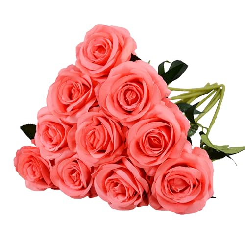 10 Pcs Peach Rose Artificial Flower, Faux Silk Flowers With Long Stems, Fake Roses Bulk Bouquet for Decoration Valentine's Day Centerpieces Proposal Bridal Bouquets Shower Party Home Floral Decor - color: Peach