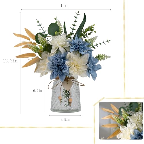Fake Flowers with Vase Silk Flowers in Vase Dahlia Flowers Arrangement Suitable for Home Office Decoration, Dining Table Centerpiece (Dahlia-White Blue) - color: Dahlia-white Blue