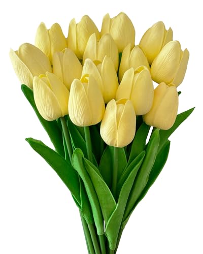 15pcs Artificial Tulips Flowers Real Touch Latex Bouquet Fake Tulips for Office Wedding Party Home Kitchen Garden Decoration - color: Beige