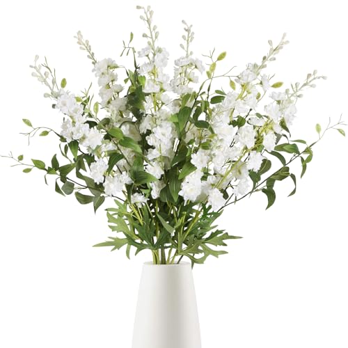 IPOPU White Flowers Artificial Delphinium 9PCS with Clematis Greenery for Wedding & Home Decor - color: White
