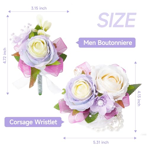 Wrist Corsage and Boutonniere Set, Artificial Rose Corsage Wristlet and Boutonniere for Wedding Prom Party (Purple-002) - color: Purple 1 Boutonniere&1 Wrist Corsage