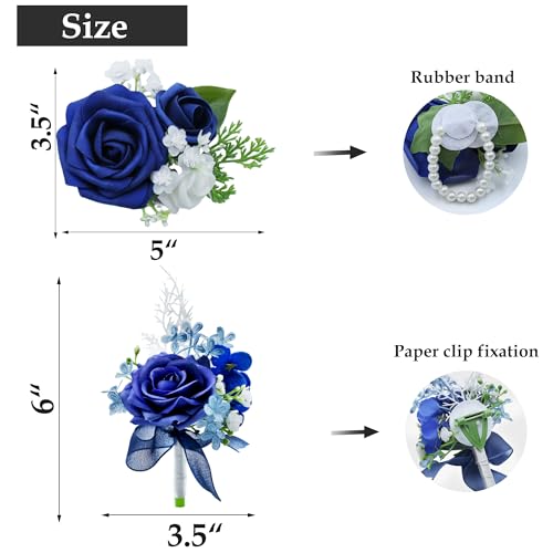 Corsage Wristlet and Boutonniere Set, Royal Blue Corsage Wristlet with Pearl Bracelets & Artificial Rose Flower for Men Wedding Suit, Homecoming, Prom Decorations, 2 Pack