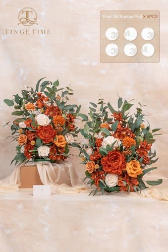 TINGE TIME Free-Standing Artificial Flower Set of 2, Table Centerpiece with Rubber Pad, Silk Fake Flower for Fall Wedding Centerpiece Archway Aisle Welcome Entrance (Terracotta) - color: Terracotta