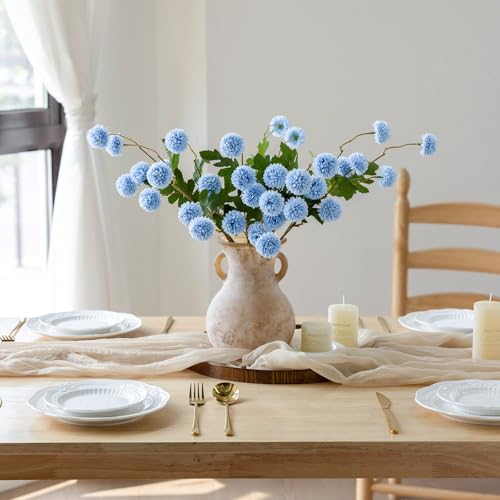 mizii 6Pcs Blue Fake Silk Pompon Mum Artificial Flowers Bulk Small Faux Chrysanthemums with Stems Realistic Floral Decorations for Wedding DIY Bouquet Centerpieces Shower Vase Home Decor (Light Blue) - color: Light Blue