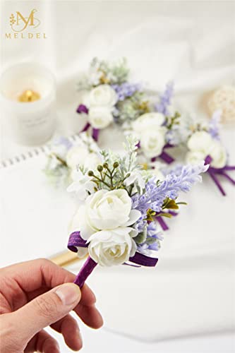 6Pcs White and Purple Artificial Boutonnieres for Men Wedding Prom | Faux Boutonniere with a Purple Ribbon, Suitable for Grooms and Groomsmen at Wedding, Prom, Various Suits, and Formal Dinners - color: Purple2# Boutonniere(6 Piece)