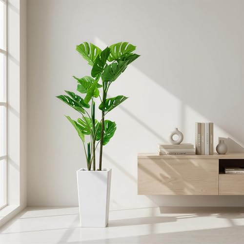 Artificial Monstera Plant, 4.5FT Tall Faux Tropical Palm Tree with 14'' White Tall Planter, Indoor Floor Plants for Living Room Home Office Decor - size: 4ft 6in