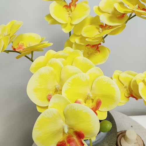 ATFL 6 Pack Yellow Orchid Artificial Flowers Real Touch, 32'' Artificial Fake Faux Silk Orchid Stem Bouquets for Wedding Party Home Garden Decor,Orquideas Artificiales para Decora (not Including Pot)