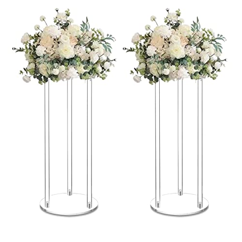 2 Pack 32'' Tall 10'' Dia. Clear Flower Stand Round Wedding Decoration Table Centerpiece Acrylic Floor Vase Decorative Column Props for Floral Arrangement Event Party Decor… - color: Round, size: 32 x 10 Inch (Pack of 2)