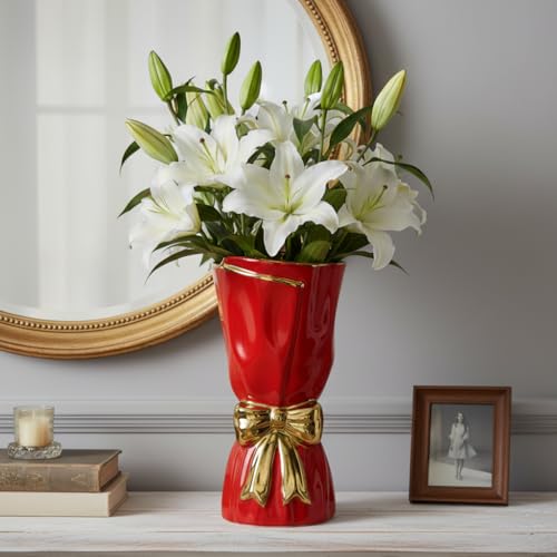 Bow Ceramic Vase for Flower - 11 Inch Modern vases Home Decor, Red Decorative Vase for Pampas Grass, Kitchen Island, Living Room, Fireplace, Entryway Table Decor - color: Red, size: 11 inch