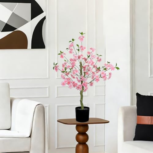 3 FT Artificial Cherry Blossom Tree in Black Pot, Pink Faux Sakura Tree with Planter for Indoor Decorations, Real Touch Fake Plants Potted for Home Bedroom Living Room Entryway & Office Decor - color: Pink