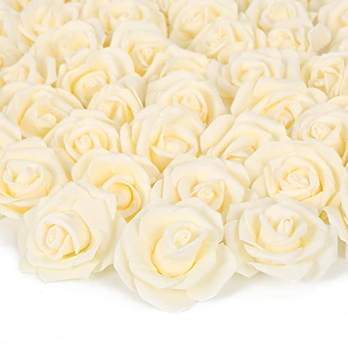 Artificial Rose Flower Heads, 100pcs Cream Yellow Roses Artificial Flower Foam Rose for DIY Wedding Bouquets Centerpieces Arrangements Party Baby Shower Home Decor (Stemless,Cream Yellow) - color: Cream Yellow, size: 100PCS