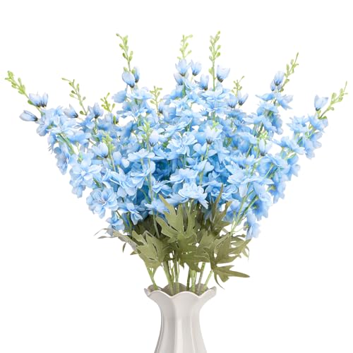 10 Pcs Delphinium Artificial Flowers for Decoration, 33.86 Inch Long Stem Larkspur Fake Flowers Light Blue Faux Silk Bouquets for Tall Vase Wedding Home Decor Floral Arrangements(Light blue) - color: Light Blue, size: 33.86 inch