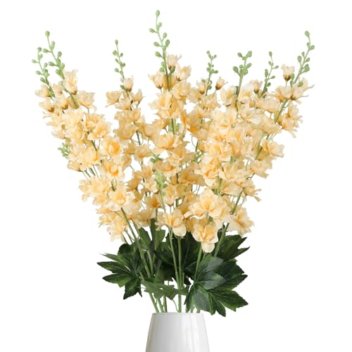 8PCS Delphinium Artificial Flowers Champagne Silk Faux Flowers 33.5'' Long Stem Fake Larkspur Flowers for Tall Vase Home Wedding Garden Table Decor(Champagne) - color: Champagne
