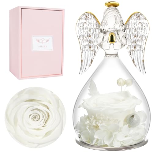Miofula Gifts for Mom Birthday Gifts for Women, Preserved Flowers Rose in Glass Angel Figurines, Fresh Flowers for Delivery Anniversary Forever Real Roses Gifts for Mothers Grandma Her Wife Girlfriend - color: White
