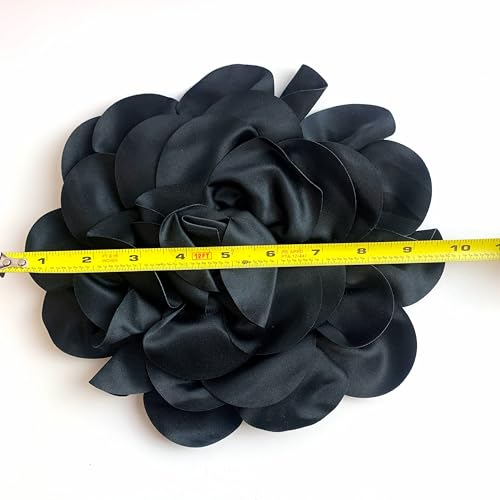 Heyiwell Large Satin Fabric flower for Brooch Pin Wedding Party Dance Dress Suit Clothes Head Hair Accessories DIY Decor 9.45"Inch - color: Black