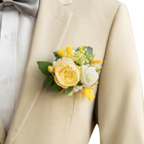 Ling's moment Pocket Boutonniere Single, Boutonniere for Men Groom for Wedding, Prom, Homecoming, Anniversary, Graduation, etc.Yellow White - color: Ylw-yellow & White, size: 6" W x 5" H