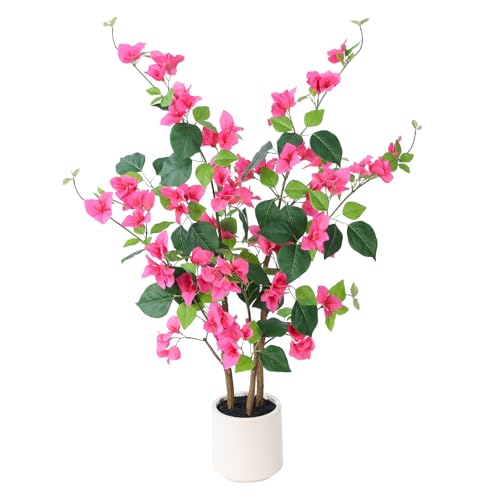 YEPDIN 39.4 inch Artificial Bougainvillea Tree，Faux Flowers Plants with White Decorative Planter,Fake Tree for Living Room,Porch, Garden, Indoors & Outdoors,M100