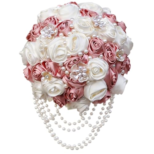 Pink Wedding Bouquet with Brooch Pearl String Cascade Bouquet for Bride Bridesmaid Quinceanera Artificial Satin Rose Flower Bridal Bouquet Wedding Blush Pink and Ivory 8.7in - color: Blush Pink & Ivory, size: Large (DIA. 8.7"/22cm)