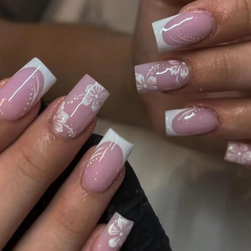 Flower MIXFOSAHN Press on Nails Medium Square Fake Nails Nude White False Nails with Elegant Designs Flowers Glossy Full Cover Stick on Nails Glue on Nails Spring Acrylic Nails for Women Girls 24 Pcs - color: Flower Square11