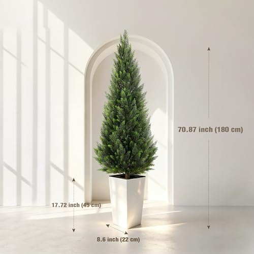 6FT Tall Artificial Cedar Topiary Tree with Compact Pyramidal Shape, Realistic Faux Cypress in Square White Pot with Fillable Water Bag, Outdoor Evergreen for Front Porch Garden Home Decor - color: White-pyramid Topiary, size: 6ft-1pack
