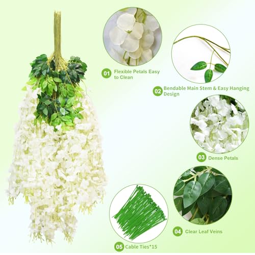 12 PCS Wisteria Hanging Flowers, 3.6ft Fake Wisteria Vines Artificial Wisteria Garland Silk Flower String for Wedding Arch Garden Party Home Ceiling Wall Backdrop Tent Decoration (White) - color: White, size: 12 Pack