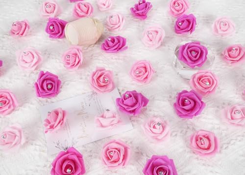 Pink Roses Artificial Flowers,200PCS Fake Foam Roses 1.97in Artificial Roses with Crystal for Craft DIY Wedding Party Home Decoration(Mixed Pink Colors) - color: Mixed Pink Colors With Crystal