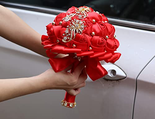 WIFELAI-A Golden Rhinestone Brooch Wedding Flowers Bridal Bouquets Crystal Bride Holding Bouquet White Ivory Satin Roses with Diamond - color: Red