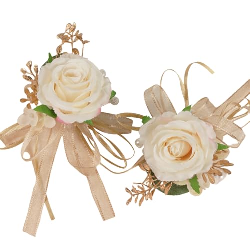 Alizeal 2Pcs of Wrist Corsage and Boutonniere Set, Artificial Flowers Accessories Suit Decor for Wedding Prom Party Homecoming Ceremony, White+Champagne - color: 701-white+champagne