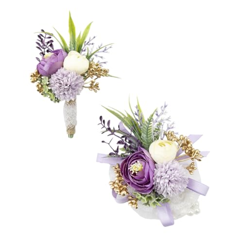 Ansofi Lilac Purple Corsage and Boutonniere Set Artificial Rose Flower Wrist Corsage and Boutineers for Groom Groomsmen Bride Bridesmaids Prom Rustic Vintage Wedding Decor - color: Lilac Purple