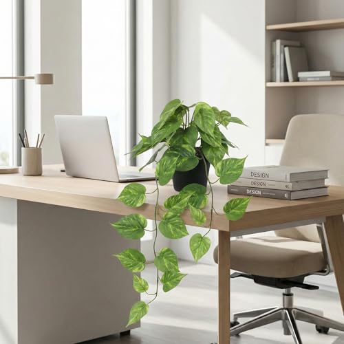 Fake Pothos Hanging Plants – Artificial Plastic Ivy Vines with Pots, Realistic Faux Greenery for Indoor Home Office Bathroom Shelf Cabinet Tabletop Decoration - color: Green