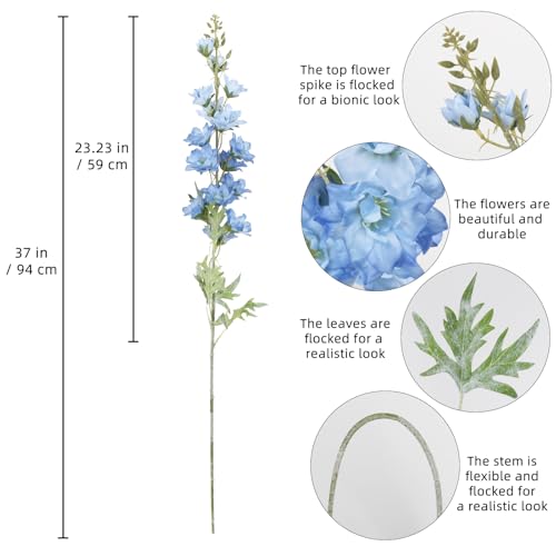IPOPU 37" Blue Delphinium Artificial Flowers 5PCS Real Look Flocked Faux Delphinium Flowers with Fuzz Long Stem Silk Larkspur Snapdragon for Wedding & Home Decor(Blue) - color: Blue