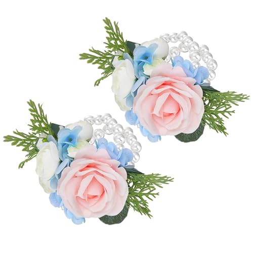 Rinlong 2Pcs Pink Blue Wrist Corsage for Wedding, Prom, Homecoming | Bridesmaid, Mother of the Bride Corsage - color: 11-blue & Blush