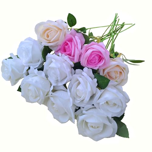12PCS Artificial Realistic Silk Fake 3-Colored Roses Long Stem | 3 Colors Mixed Roses For Wedding Decoration, Party Table Decoration, Valentines Mother's Day - color: 8 White/2 Pink/2 Champagne