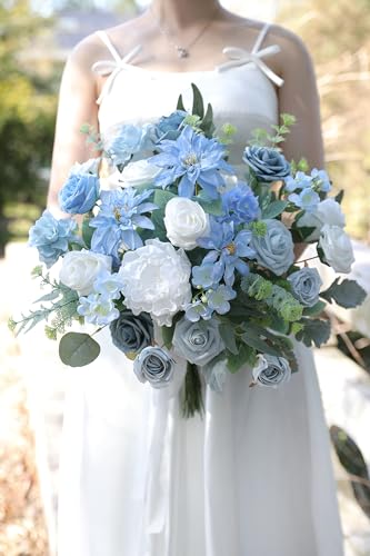YYHUAWU Artificial Flowers Combo Set Fake Flower Leaf Box with Stems for DIY Wedding Bouquets Centerpieces Arrangements Baby Shower Party Home Decorations - color: Dusty Blue