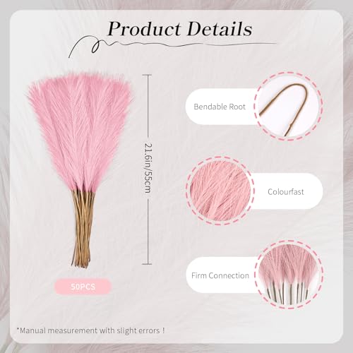 50pcs Light Pink Pampas Grass 21.6 Inch Non-Shedding Faux Pampas for Soft Romantic Home, Dreamy Boho Weddings and Pastel Tone Vase Arrangements - color: Light Pink