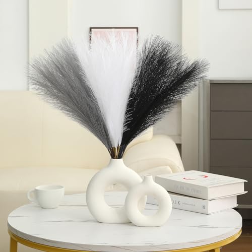 Ureymx Faux Pampas Grass Decor 17.7 Inch 30pcs, Artificial Pampas Grass Fluffy Home Decor, Short Vase Room Decor pompous Grass Flower Arrangement for Boho Home Wedding Decoration (Black,White,Grey) - color: Black,white,grey, size: 17 Inch 30 Pcs