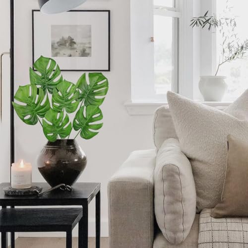 Hollyone 6 Pack Artificial Monstera Leaves with Stems Real Touch Faux Monstera Turtle Safari Leaf Fake Palm Tropical Plants for Vase Hawaiian Luau Party Jungle Beach Table Home Wedding Kitchen Decor - color: Monstera #1, size: Leaves Stem