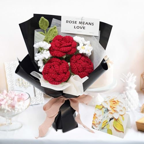 Crochet Flower Bouquet Handmade Red Roses Artificial Flowers with Card Unique Mothers Day Graduation Birthday Gifts for Women Mom Girlfriend Wife Eternal Flores Knitting Decorations Home Decor - color: Red Rose