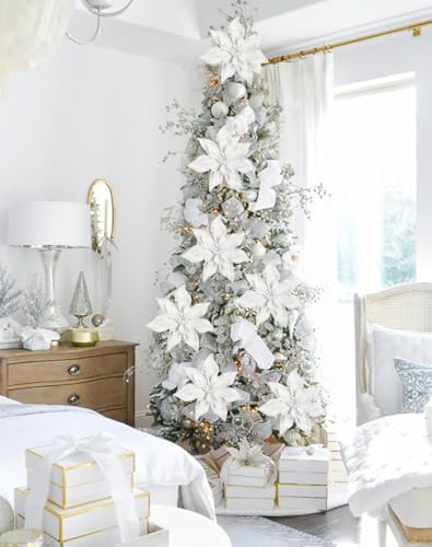 Briful 9'' Poinsettias Artificial Christmas Flowers 8PCS White Glitter Christmas Poinsettia Decorations Ornament Flowers for Xmas Tree Wreath Garland Mantle Winter Holiday Decor - color: White