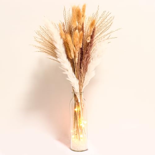 60PCS of Boho Pampas Grass in Glass Vase with LED Lights & Faux Crystals, Naturally Dried Pompas, Bunny Tails Dried Flowers,Perfect for Weddings, Farmhouse Boho Wall Bathroom Office Kitchen Decor - color: Multi-colored With Glass Vase