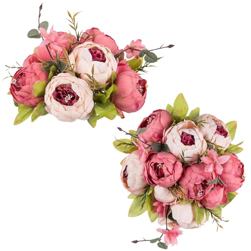NUPTIO Flower Balls Flowers for Centerpieces: 2 Pcs 9.4 inch Diam Dark Pink Artificial Peony Fake Flower Ball Arrangement Bouquet Wedding Centerpieces for Tables Wedding Centerpiece Decorations - color: Dark Pink