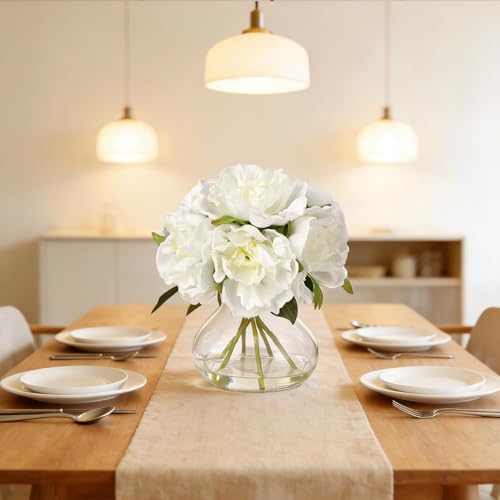 White Peony Bouquet in Glass Vase - 6 Piece Artificial Flower Arrangement with Faux Water for Wedding & Home Centerpieces - color: Peony Flowers, size: White