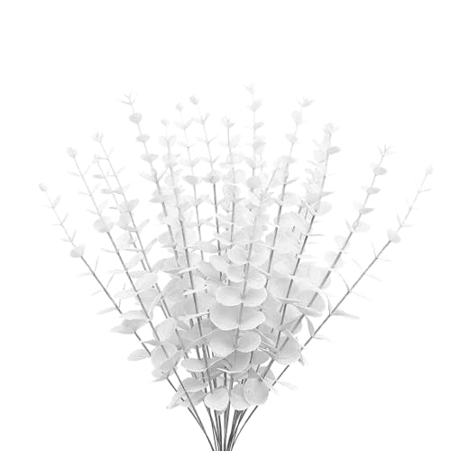 ABAJI Plastic Eucalyptus White Stems 12 Fake Faux Decorations Artificial Leaves Greenery Plant Leaf Home Office House Table Desk Decor Wedding Party Vase Forever Live - color: White