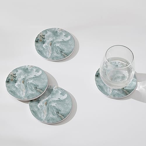 Set of 6 Abstract Marble Coasters with Holder, Absorbent Ceramic Coasters for Drinks, Coasters with Cork Backing for Table Protection, Housewarming Gifts for New Home - color: Abstract Green Marble
