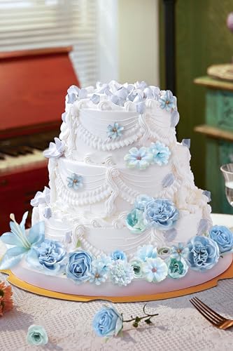rongflower Fake Flower Heads for Crafts - Blue Silk Artificial Roses, Peonies, Daisies & Mini Floral Heads Bulk (48-Pack) for Wedding Decor, Graduation Cap, Cake Topper, Baby Shower, Home Decoration - color: Blue