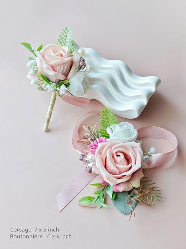 Corsage and Boutonniere Set with Pink Roses for Bride, Groom, Bridesmaids Groomsmen Weddings, Proms, Homecomings. Perfect Party Suit Decor Wedding Flowers Accessories (Pink) - color: Pink