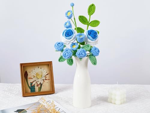 Crochet Flower Bouquet, Handmade Crochet Flowers Knitted Tulips Rose Bouquet Gift, Valentines Birthday Anniversary Knitted Flowers Gifts for Girlfriend Mother Wife Women (Blue) - color: Z-blue