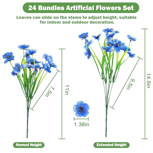 Nepfaivy Artificial Flowers Outdoor Blue - 24 Bundles Fake Flowers for Outside UV Resistant with Realistic Plastic Plants, Real Looking Faux Silk Flowers for Planters, Front Porch, Garden Decoration - color: Blue