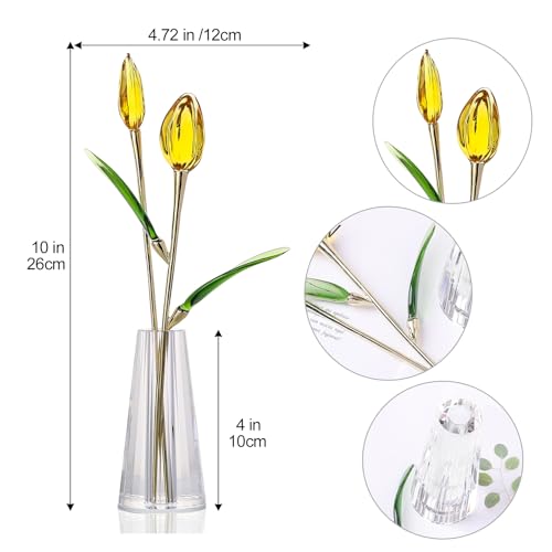 LONGWIN Crystal Tulips Flower Figurine Collectible with Vase Glass Spring Bouquet Flowers with Stem Home Decor Gift for Women Mom - color: Long - Gold